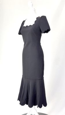 Shoshanna, Black Scallop Edging S/Slv Midi Dress, Size 0