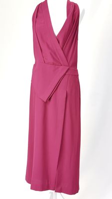 Dion Lee, Red V-Neck Crossover Peplum Layered Front Halter Neckline Midi Dress W/Front Slit, Size 12