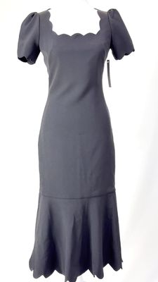 Shoshanna, Black Scallop Edging S/Slv Midi Dress, Size 0