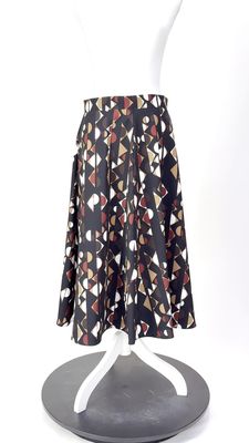 EMME Marella, Black/Browns/Red Stripe/Dot Geometric Print Panelled Flare Skirt, Size US8/GB12