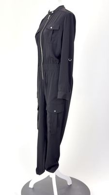 Karen Millen, Black/Silver Zip Front Flap Pkt Elasticated Waist Jumpsuit W/Adj.Tab Slv, Size UK10