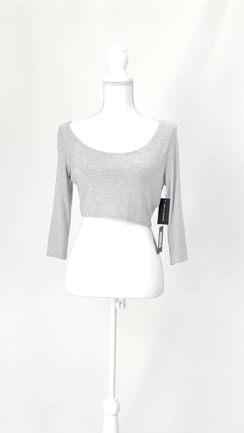 Norma Kamali, Grey Marle Scoop Neck Cropped 3/4 Top (Has Matching Skirt), Size M