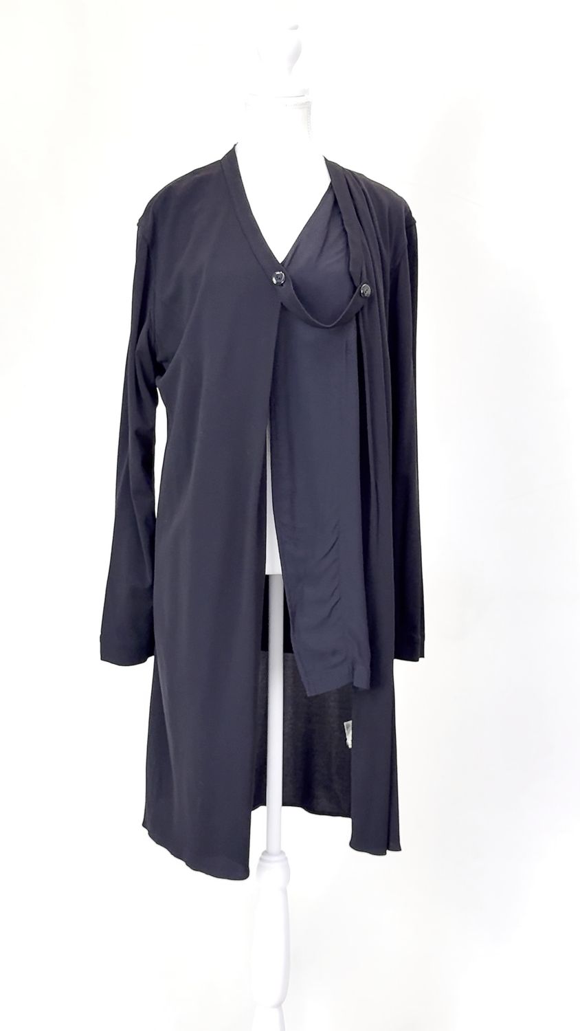 Ipanema, Black V Button-Front Panel Detail  Open Drape Soft Coat, Size M