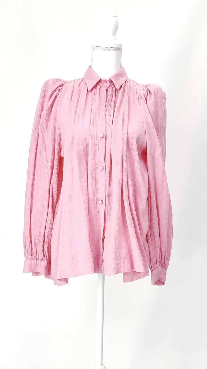 Secular, Pink Textured Button-Up Gather Puff L/Slv  Shirt, Size S