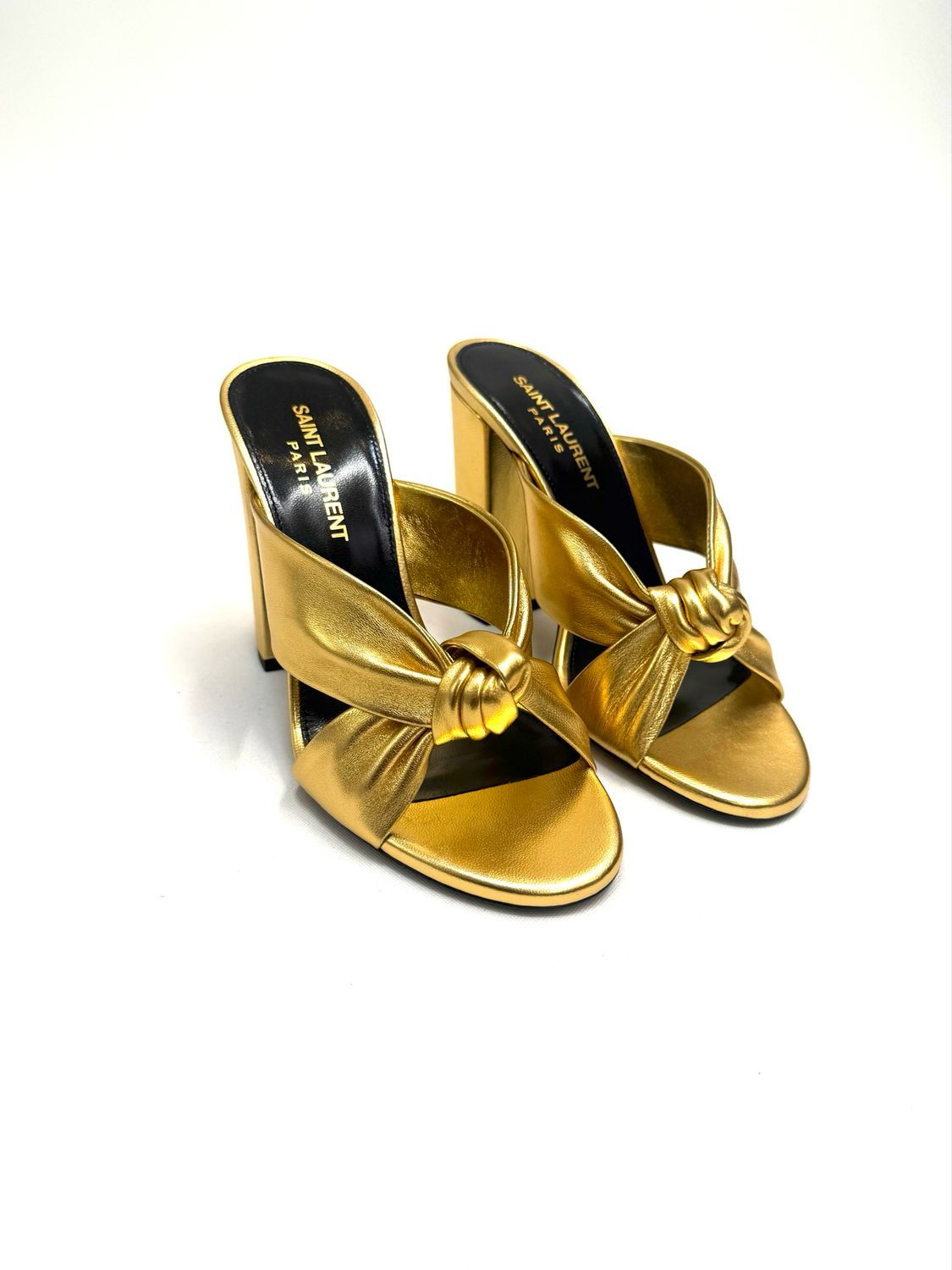 Saint Laurent, Gold Knot Block Heeled Sandals .Size 36.