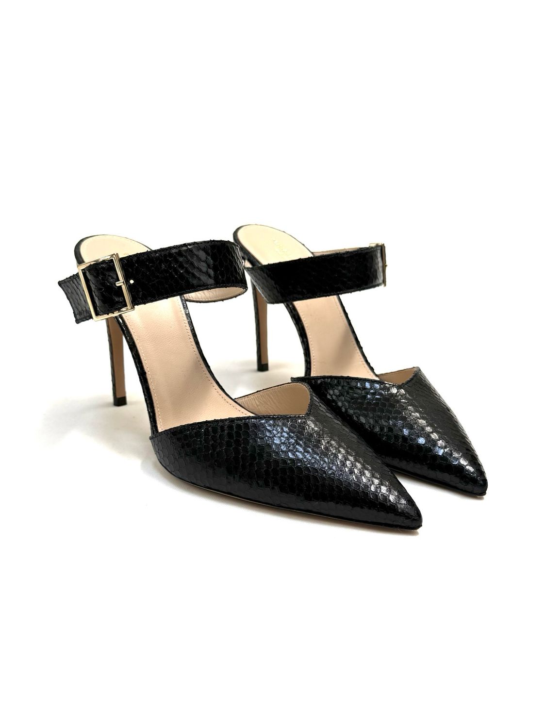 Scanlan Theodore, Black Reptile Embossed Buckle Strap Point Toe Slip On Pumps .Size 41