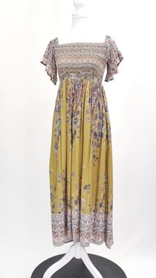 Free People, Mustard/Multi Paisley Print Shirred Bodice Off-Shoulder Midi Dress, Size S
