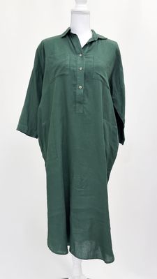 seaside tones, Green Button-Front Multi-Pkt 3/4 Slv Linen Midi Dress, Size M/L
