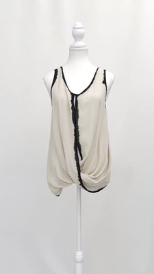 Viviana Uchilel, Beige/Black Drape Waist Silk S/Less Top, Size 2