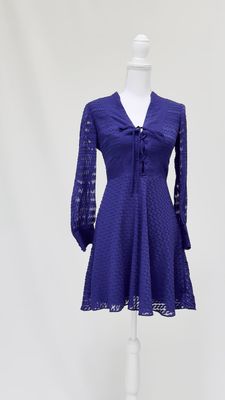 Karen Millen, Blue Textured Tie Neck Flare Hem L/Slv Dress, Size US4/UK8