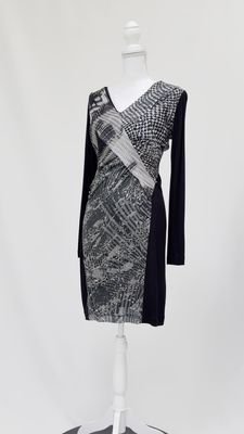 Pianura Studio, Black/Browns Pleat/Drape Silk Blend L/Lsv Dress, Size 40