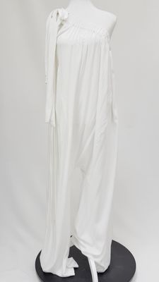 and Andrea, White Asymmetrical Elasticated One -Shoulder Tie Drop-Crotch Jumpsuit W/Tie Belt, Size S/M