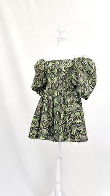 Aje, Green/Black/Pink Reptile Print Wide Off-Shoulder Neckline Puff 1/2 Slv Full Hem Mini Dress, Size 8