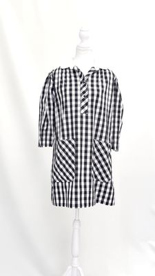 Lee Mathews, Black/White Check Peter Pan Collar Placket Button Front Blouson 3/4 Slv Dress W/Patch Pkt, Size 1