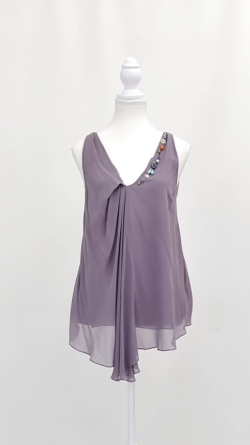 Megan Park, Dusty Lilac/Multi Beaded Neckline Silk S/Less Top, Size S/M