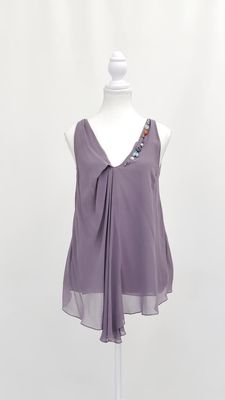 Megan Park, Dusty Lilac/Multi Beaded Neckline Silk S/Less  Top, Size S/M