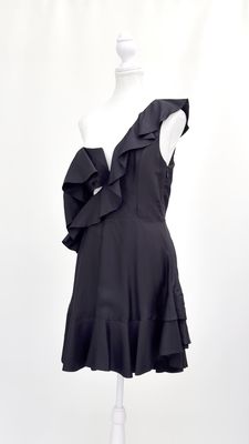 Zimmermann, Black Asymmetrical Flounce On-Off Shoulder Strap Silk Blend Dress, Size 2