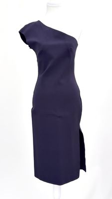 Scanlan Theodore, Navy Asymmetrical Viscose One Shoulder Midi Dress