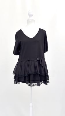 Dice Kayek, Black Scoop V-Neck S/Slv Full Hem Ribbon Trim Hem Top, Size S/M