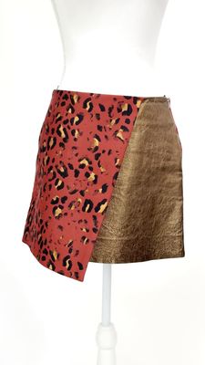 Josh Goot, Red/Copper Jacquard Animal Print Asymmetrical Wrap Leather Mini Skirt, Size S