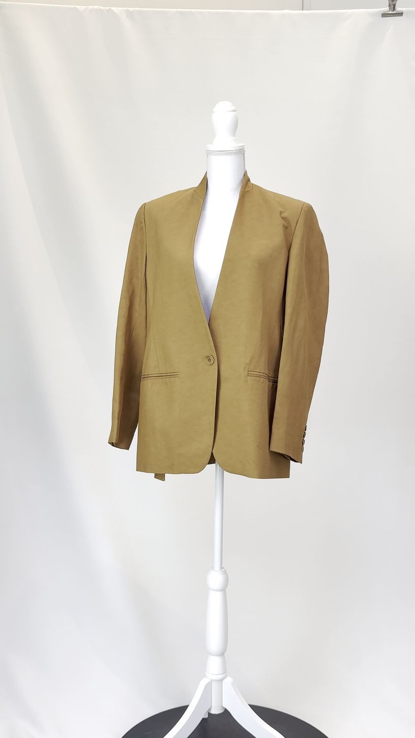 Oroton, Toffee Button-Up Collarless Linen Blend  Blazer, Size 10