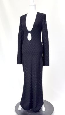 Misha, Black Patterned Crochet Knit Cut-Out Neckline Flare L/Slv Long Dress, Size M