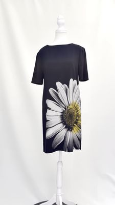 Moschino Cheap and Chic, Black/Grey/White/Yellow Flower Print S/Slv Dress, Size 42