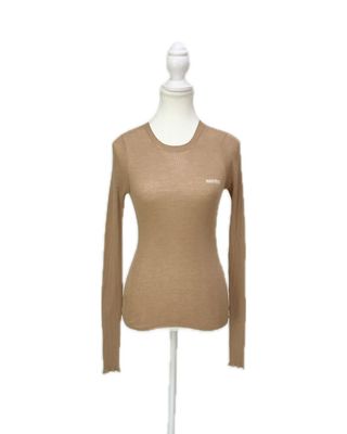 Miu Miu, Camel/White Logo Cashmere/Silk Blend Rib Knit L/Slv Top  Size 36