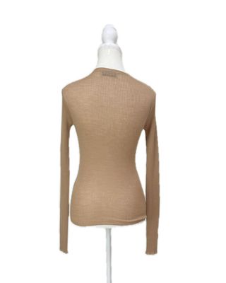 Miu Miu, Camel/White Logo Cashmere/Silk Blend Rib Knit L/Slv Top  Size 36