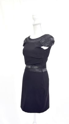 Collette Dinigan, Black Sequin Trim Cap Slv Wool Dress, Size XS