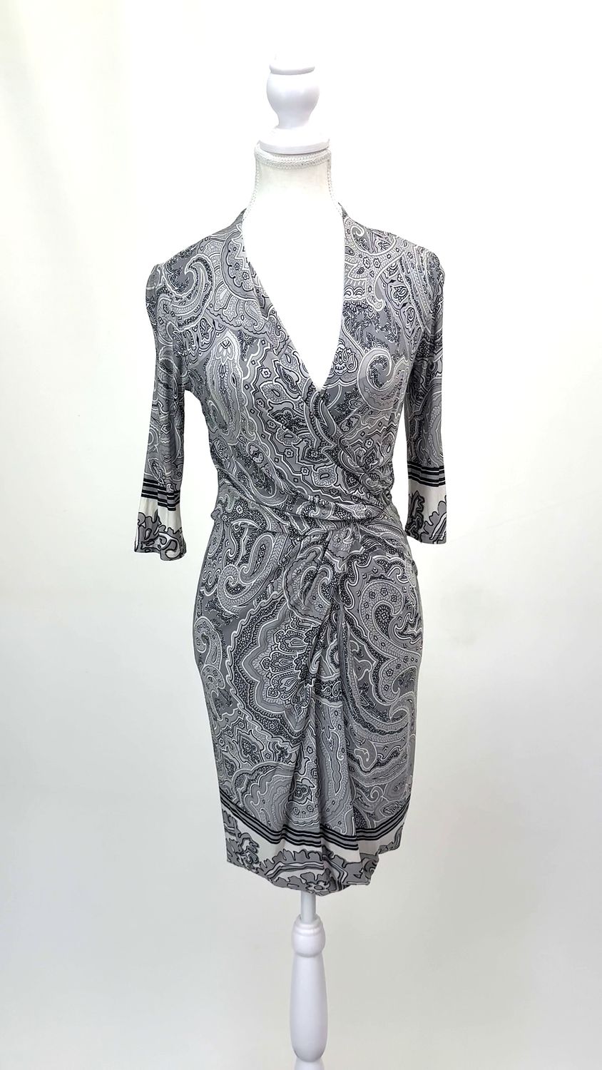 Max Mara, Pale Greys/Grey Print Drape Crossover 3/4 Slv Dress