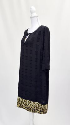 Cavalli Class Roberta Cavalli, Black/Gold/Brown Tie Neck Textured Animal Print 3/4 Slv Midi Dress, Size US14