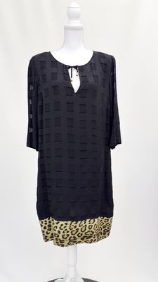 Cavalli Class Roberta Cavalli, Black/Gold/Brown Tie Neck Textured Animal Print 3/4 Slv Midi Dress, Size US14