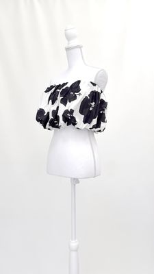 Venroy, White/Black Floral Print Gathered Strapless Top, Size L