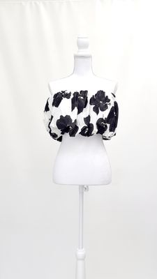 Venroy, White/Black Floral Print Gathered Strapless Top, Size L