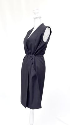 Calvin Klein, Black Crossover Panel Pkt Slit S/Less Wool Dress W/Belt, Size 42