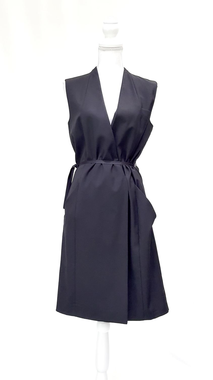 Calvin Klein, Black Crossover Panel Pkt Slit S/Less Wool Dress W/Belt, Size 42