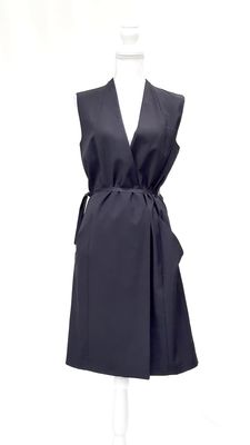 Calvin Klein, Black Crossover Panel Pkt Slit S/Less Wool Dress W/Belt, Size 42