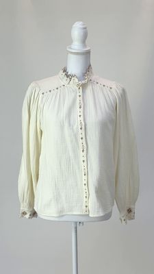 ba&amp;sh, Cream/Taupe Embroidered Trims Textured Button-Up Blouson L/Slv Shirt