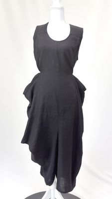 MM Sohn, Black Panelled Button Waist Shaped Midi Hem S/Less Linen Dress W/Tie Waist, Size S