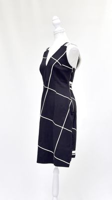 Josh Goot, Black/White Stripe Geometric Print V-Neck Strap Dress, Size 10