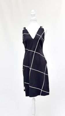 Josh Goot, Black/White Stripe Geometric Print V-Neck Strap Dress, Size 10