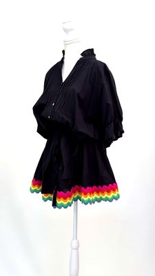 Juliet Dunn, Black/Multi Ribbon Trims Blouson 1/2Slv Mini Dress W/Tie Belt, Size 2