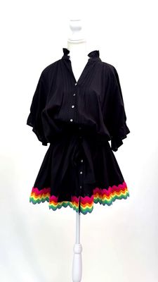 Juliet Dunn, Black/Multi Ribbon Trims Blouson 1/2Slv Mini Dress W/Tie Belt, Size 2