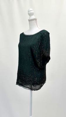 Hoss, Forest Green/Pewter Sequin Silk S/Slv Top, Size 40