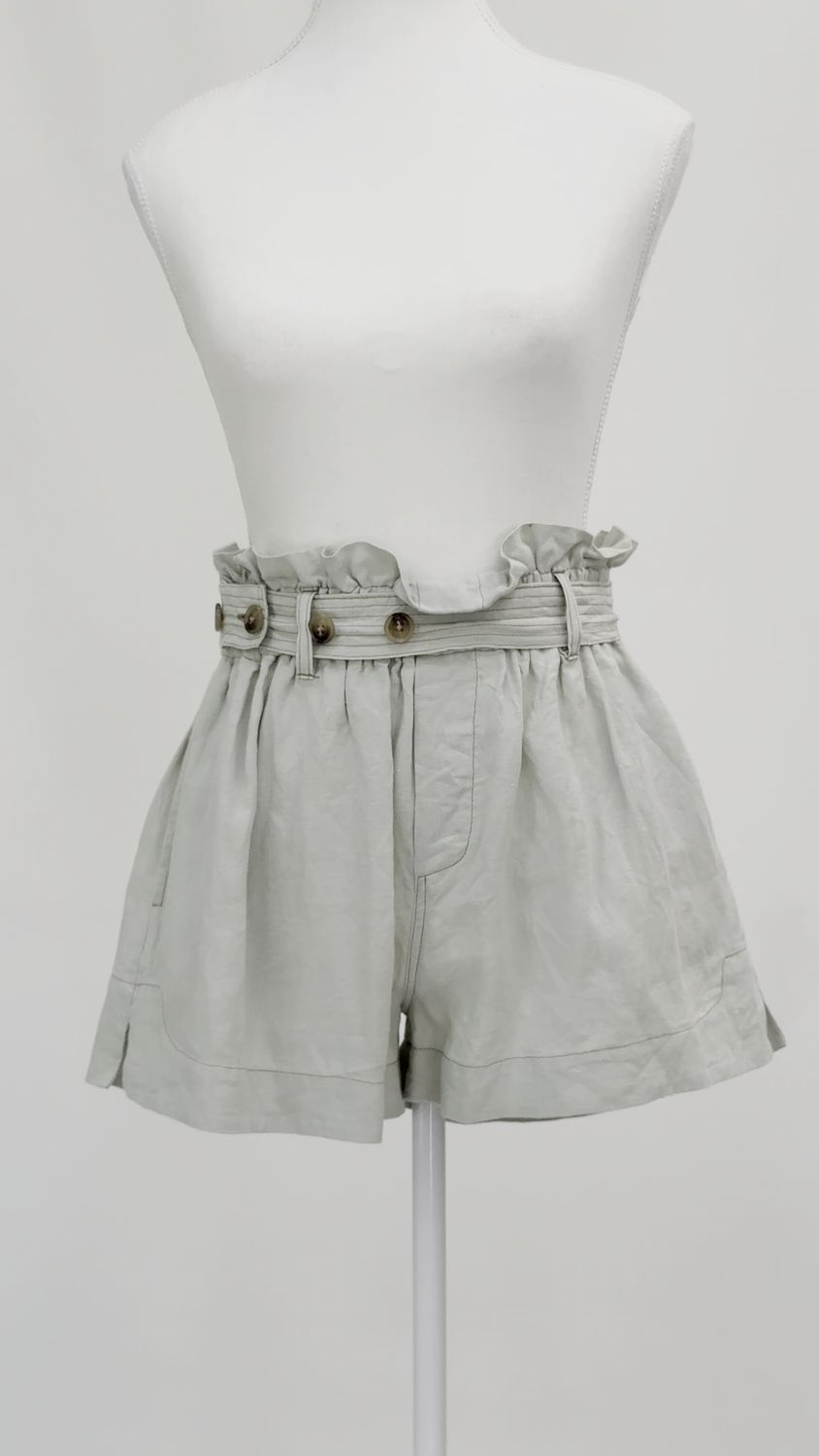 Bassike, Pale Green Gather Waist Button Belt Linen Shorts, Size 0