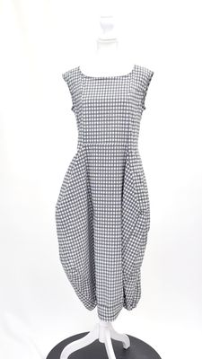 Rundholz, Black/Grey Check Tulip Shaped Hem S/Less Midi Dress, Size S