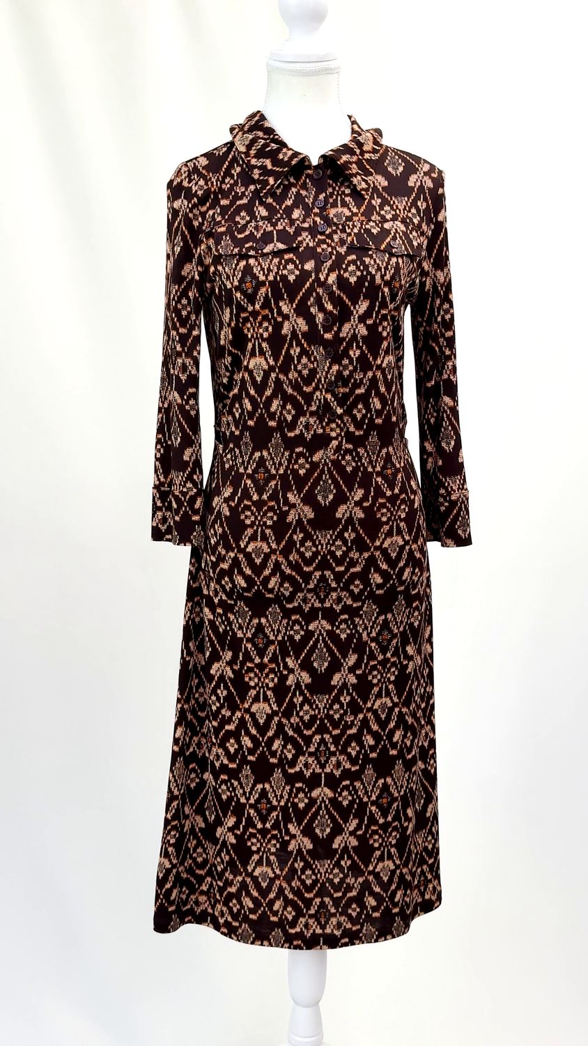 Diane Von Furstenberg, Brown/Orange Print Placket Button-Front 3/4 Slv Dress
