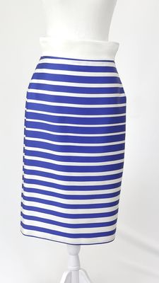 Carla Zampatti, Blue/Ivory Stripe Midi Pencil Skirt, Size 8