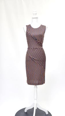 Diane Von Furstenberg, Brown/Navy/Orange/White Print Panelled Tie Waist Silk S/Less Dress, Size US4